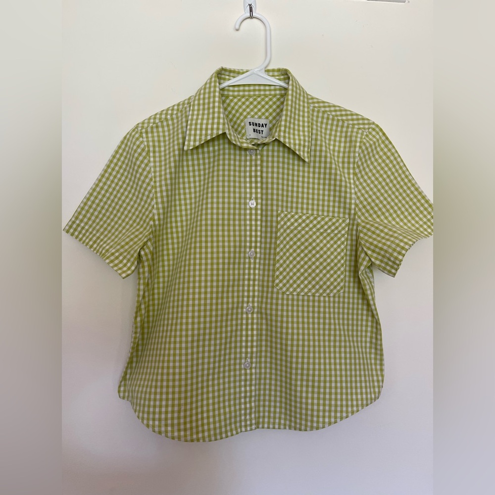 Sunday Best Aritzia  Shirt Pastel Like Green Spring Gingham Small 100% Cotton